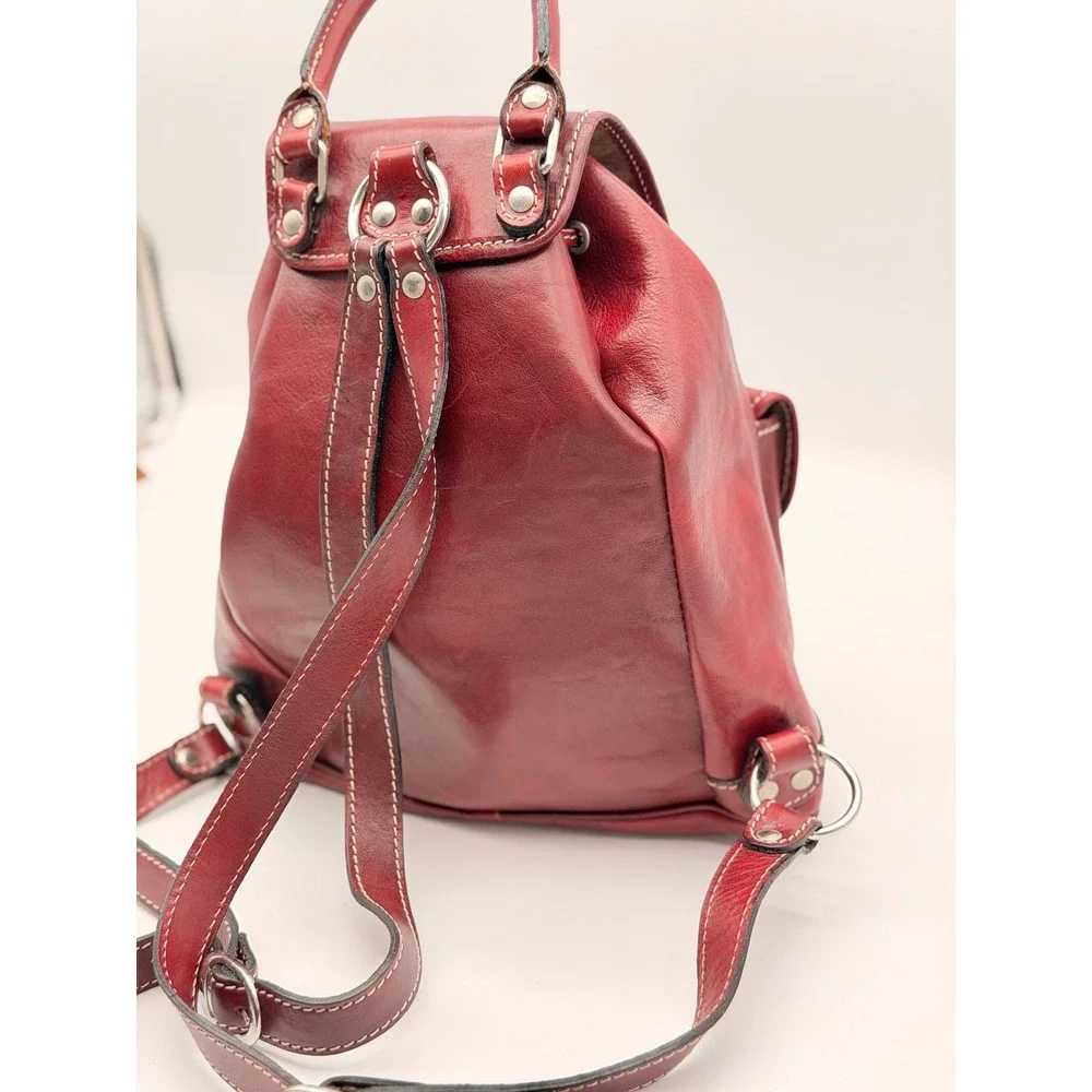 Vintage Red Leather Rucksack Backpack Contrast Stitch Buckle Drawstring Medium
